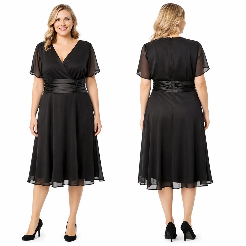 Avenue dress Black chiffon satin ruched waist flutter sleeves knee length Sz 18W